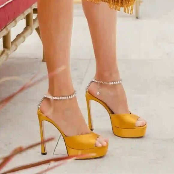 Jimmy Choo Saeda Satin Crystal Ankle-Strap Platform Sandals size 38.5 - Picture 2 of 14